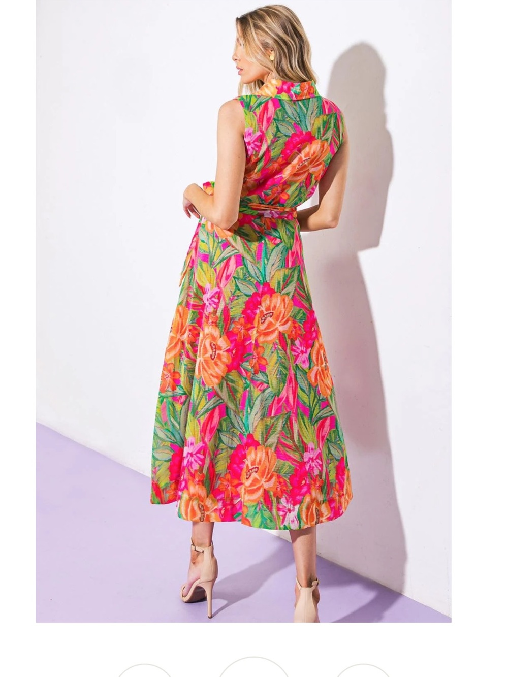 Flying Tomato Vibrant Floral Collared Tie-Waist Midi Dress - Pink & Green - Picture 4 of 4
